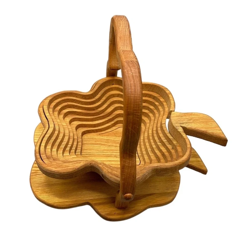 Wood Shamrock Hand Carved Collapsible Fruit Basket w Folding‎ Trivet Lucky Irish